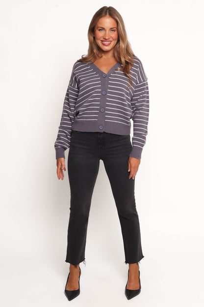 Zammy Lurex Strip Button Front Cardigan - Grey