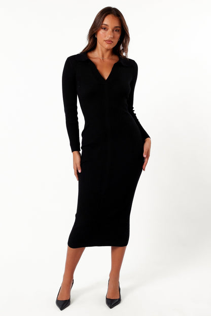 Irene Long Sleeve Midi Dress - Black