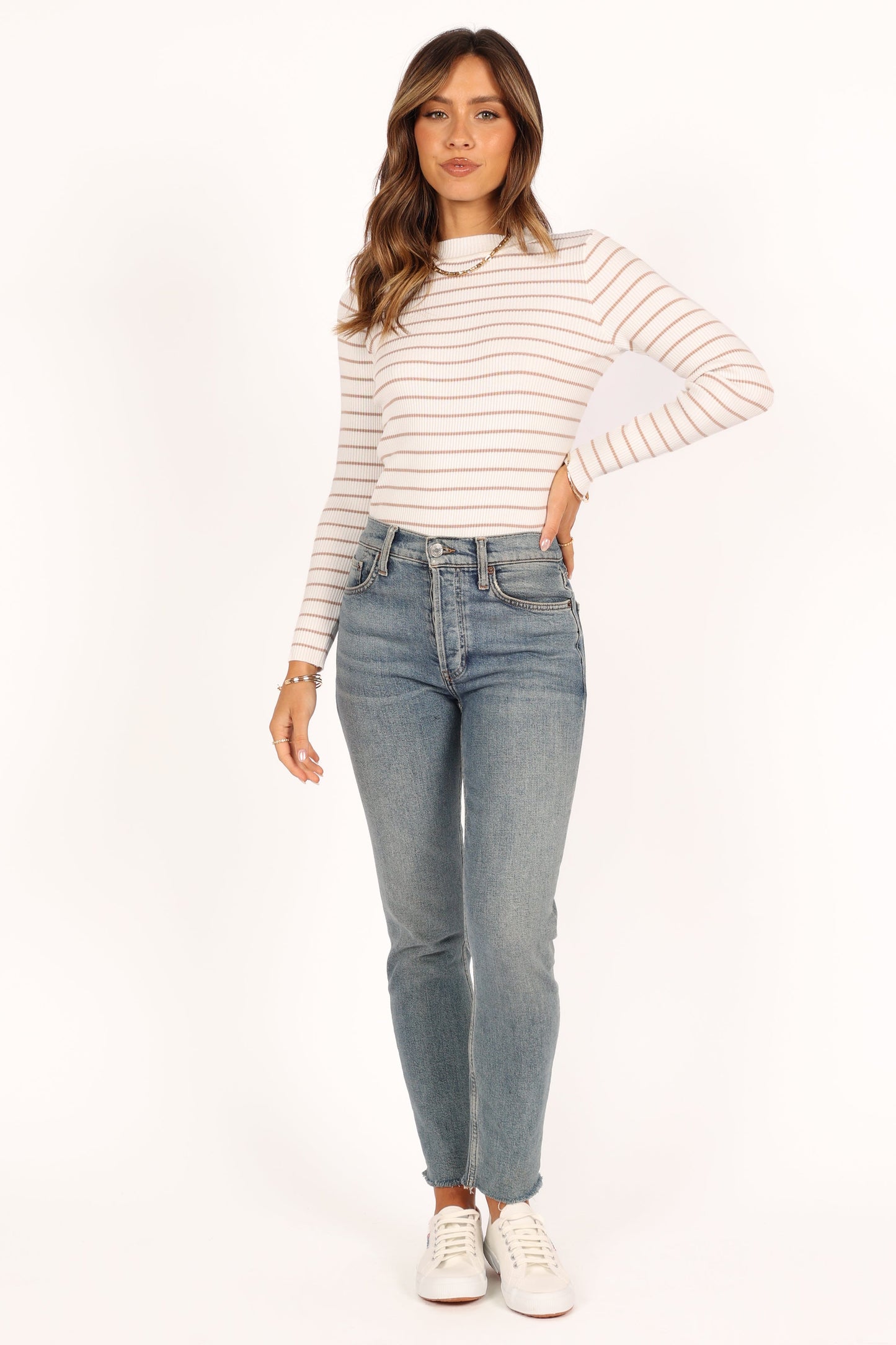 Stacie Ribbed Knit Top - Beige Stripe