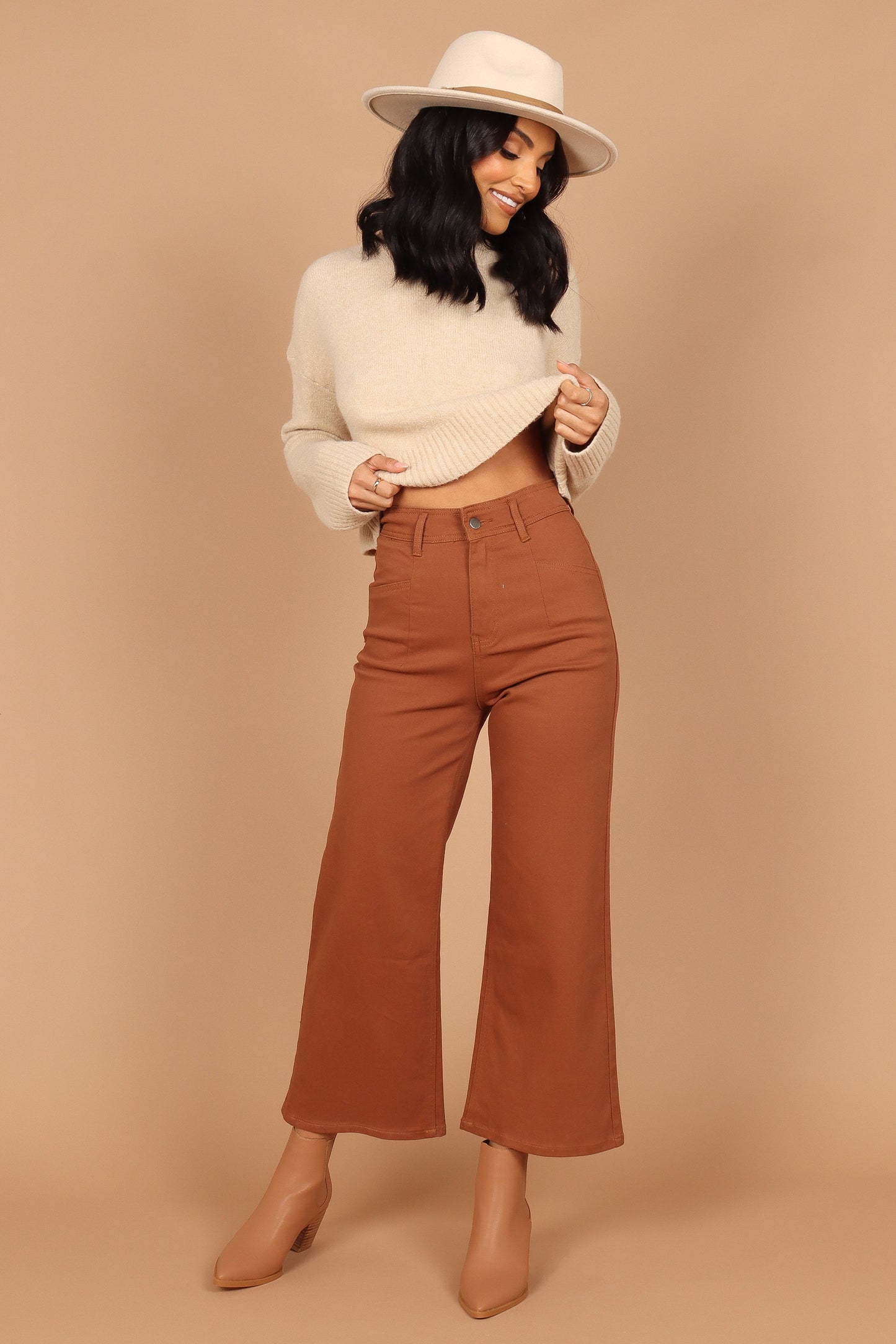 Georgette High Waisted Straight Leg Pants - Brown