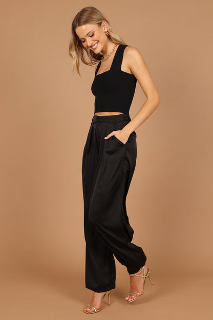 Wellington Wide Leg Satin Pant - Black