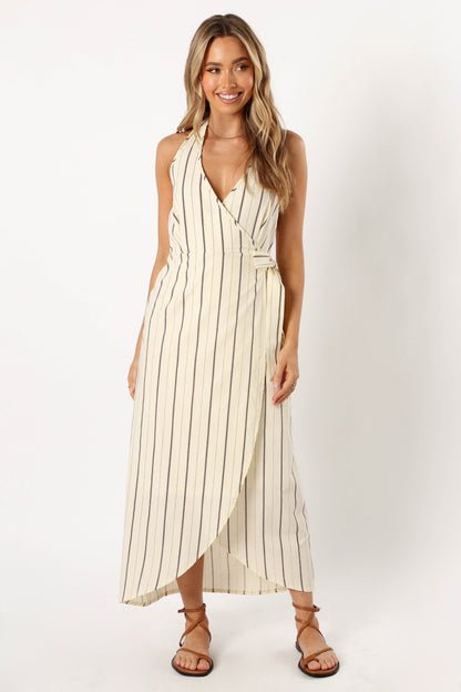 Abigail Wrap Midi Dress - Beige Stripe