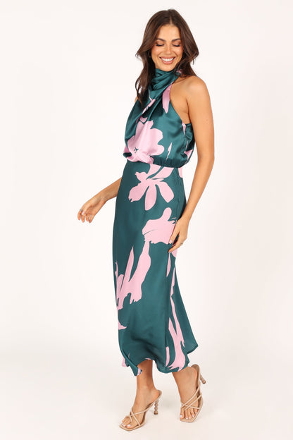 Anabelle Halter Neck Midi Dress - Green Pink