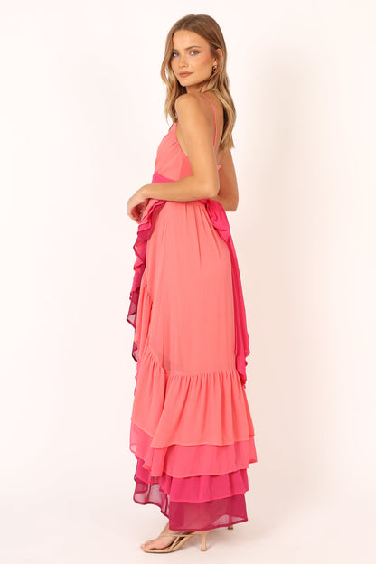 BomBon Tiered Maxi Dress - Coral Hot Pink
