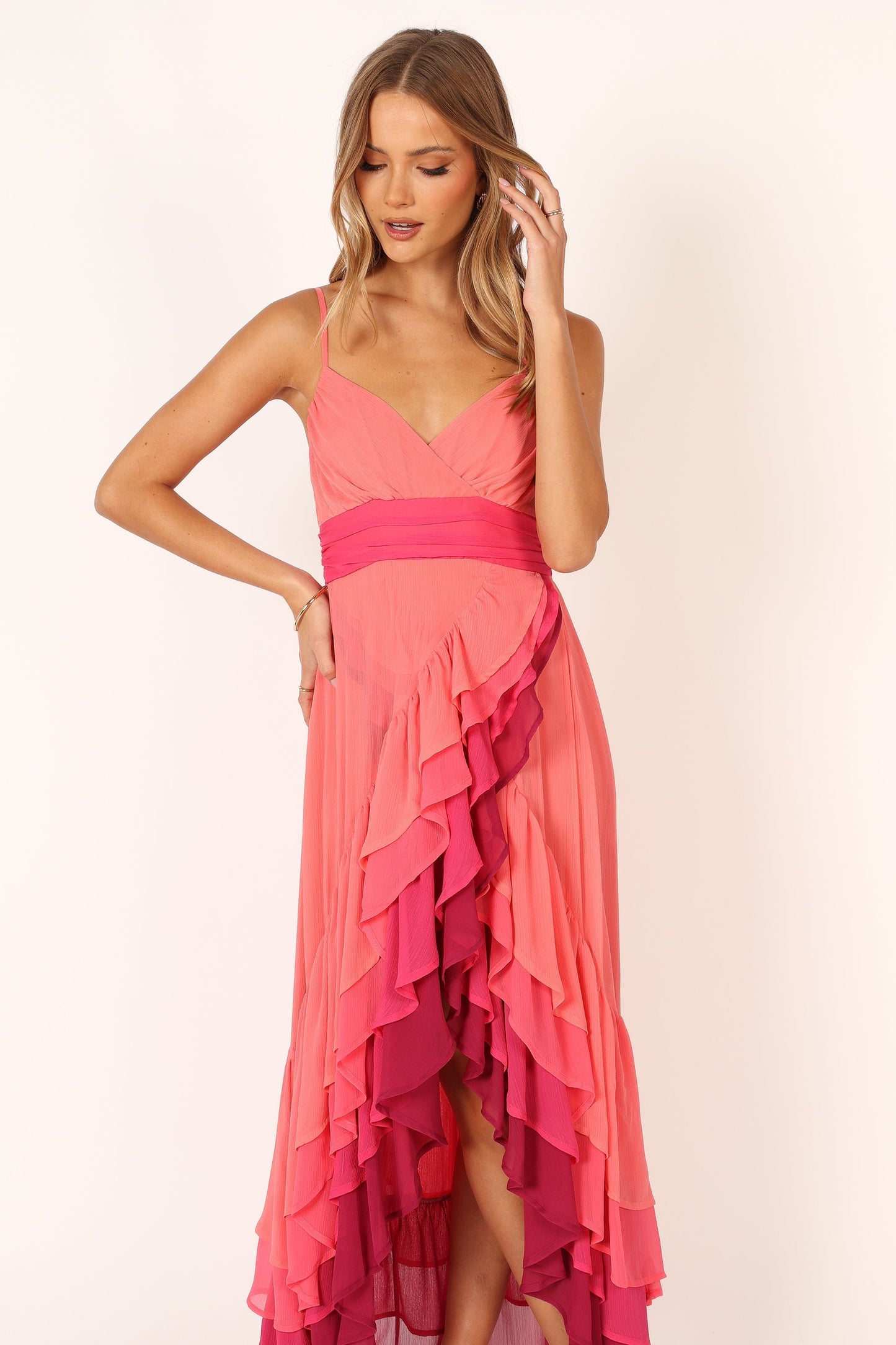 BomBon Tiered Maxi Dress - Coral Hot Pink