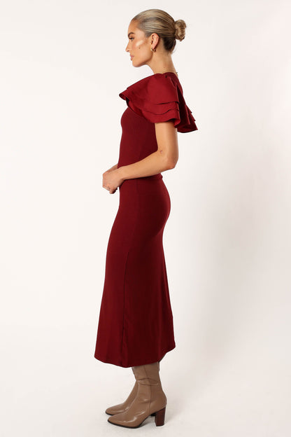 Cally Ruffle Sleeve Midi Dress - Wine