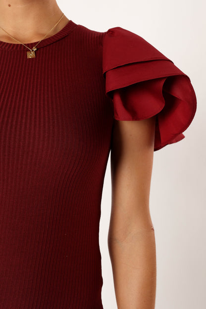 Cally Ruffle Sleeve Midi Dress - Wine