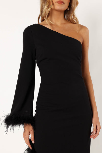 Dame One Shoulder Feather Midi Dress - Black