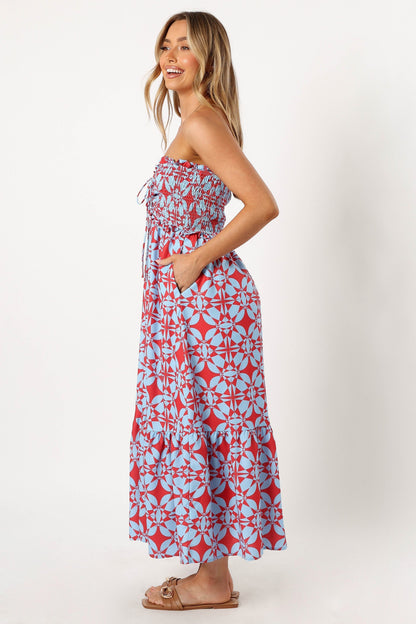 Dayton Strapless Midi Dress - Red Blue