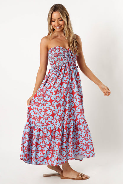 Dayton Strapless Midi Dress - Red Blue