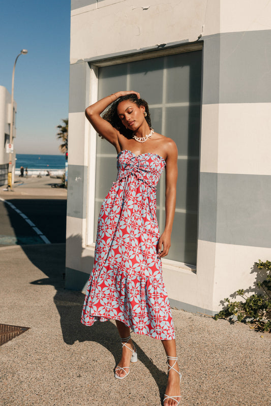 Dayton Strapless Midi Dress - Red Blue