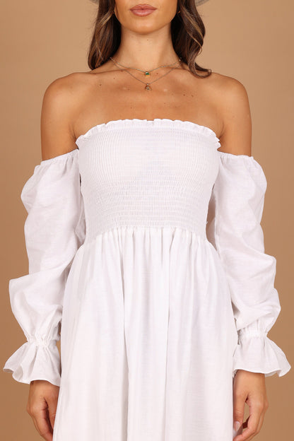 Domenica Shirred Long Sleeve Midi Dress - White