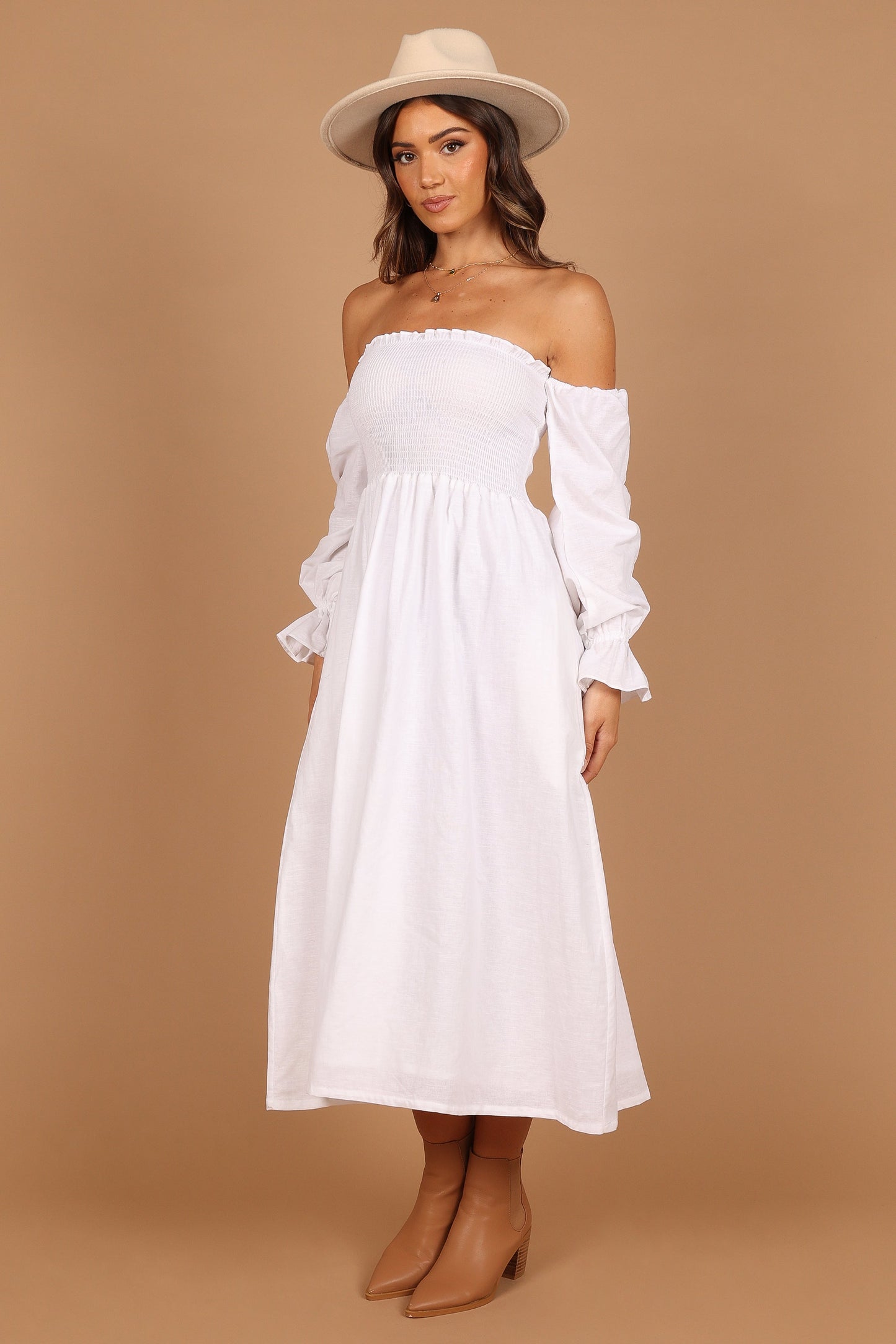 Domenica Shirred Long Sleeve Midi Dress - White