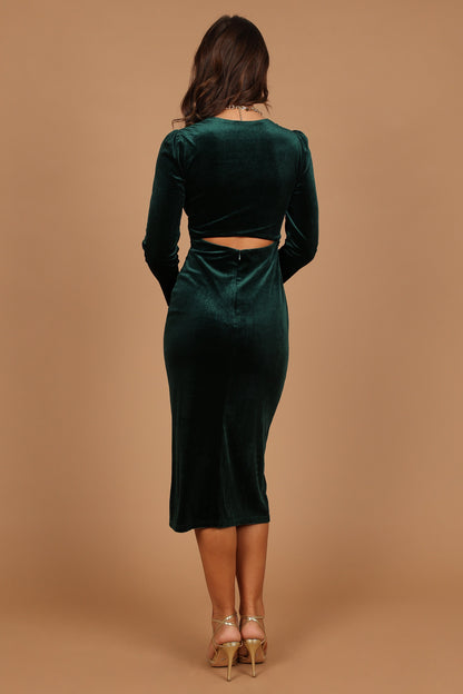 Lisse Twist Front Long Sleeve Velvet Midi Dress - Emerald