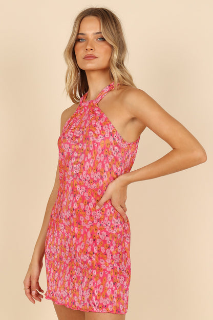Melody Plisse Halter Mini Dress - Hot Pink