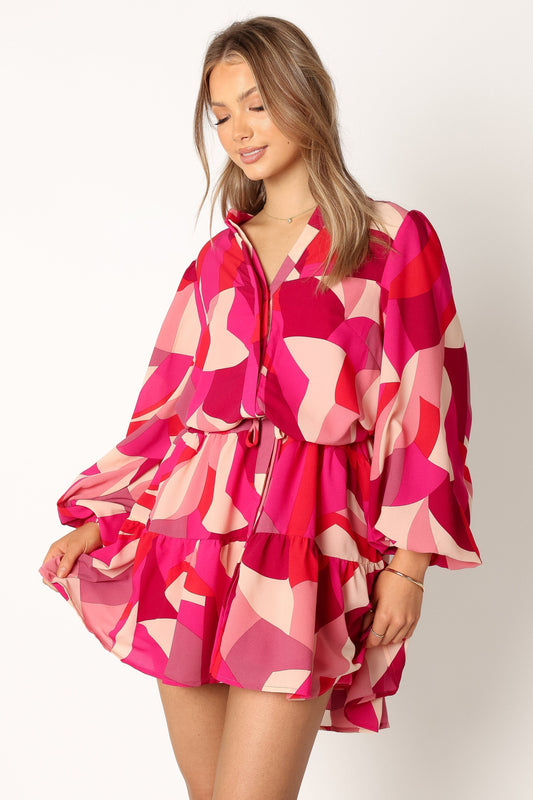 Milly Long Sleeve Mini Dress - Red Magenta