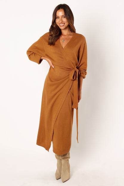 Nova Wrap Knit Midi Dress - Camel