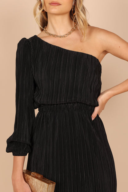 Pontee One Shoulder Pleated Midi Dress - Black