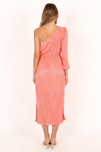 Pontee One Shoulder Pleated Midi Dress - Coral