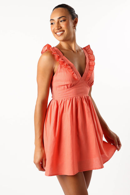 Rowan Frill Mini Dress - Coral