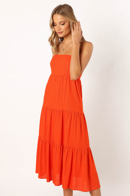 Tabi Strapless Midi Dress - Coral Red