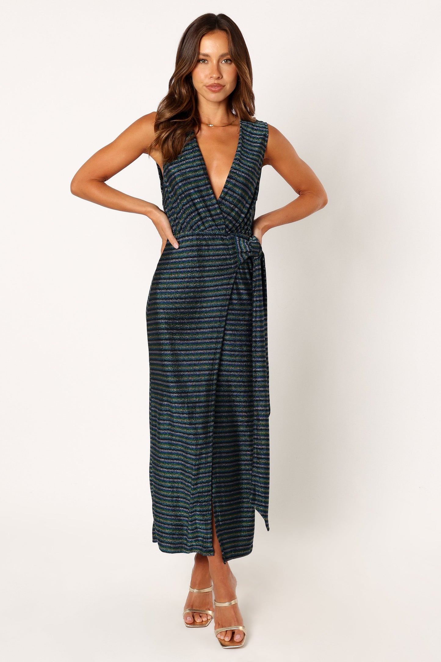 Tahlia Wrap Midi Dress - Blue Gold Stripe