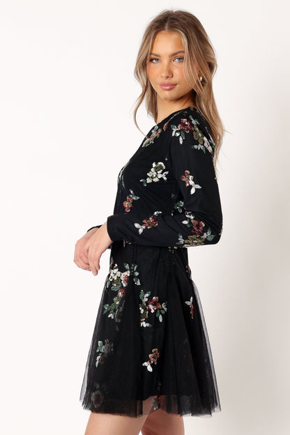 Woodsen Long Sleeve Mini Dress - Black Floral