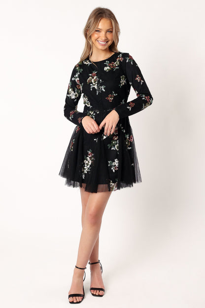 Woodsen Long Sleeve Mini Dress - Black Floral