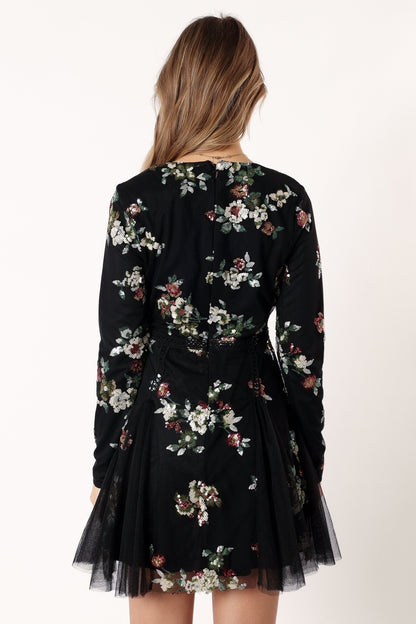 Woodsen Long Sleeve Mini Dress - Black Floral