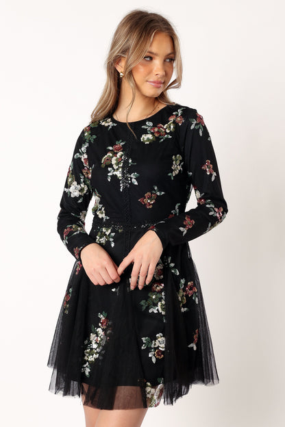 Woodsen Long Sleeve Mini Dress - Black Floral