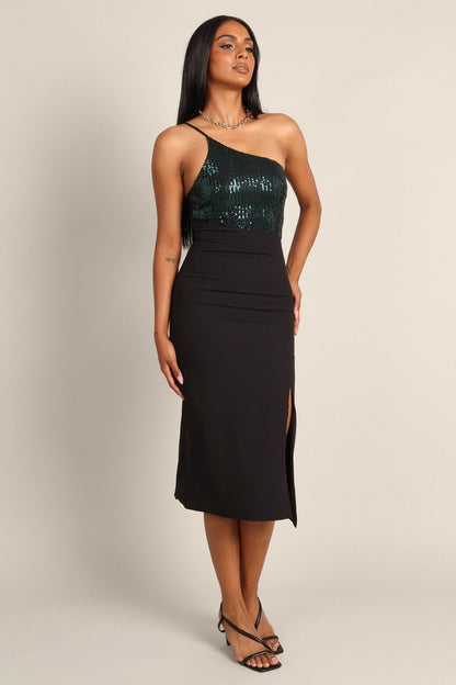 Xayne One Shoulder Sequin Midi Dress - Black/Emerald