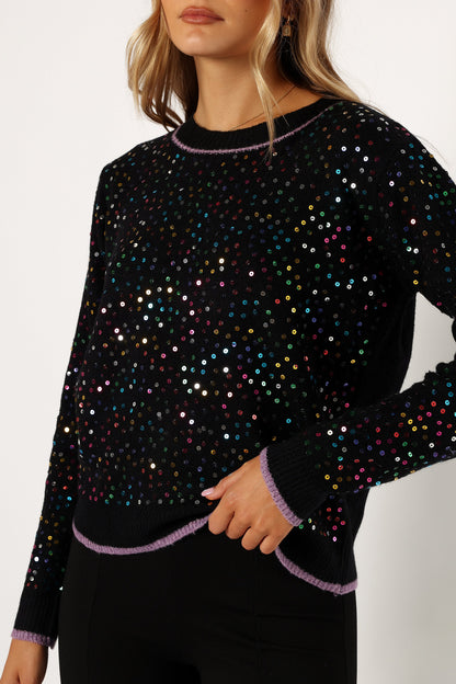 Ariella Sequin Embellished Knit Sweater - Black