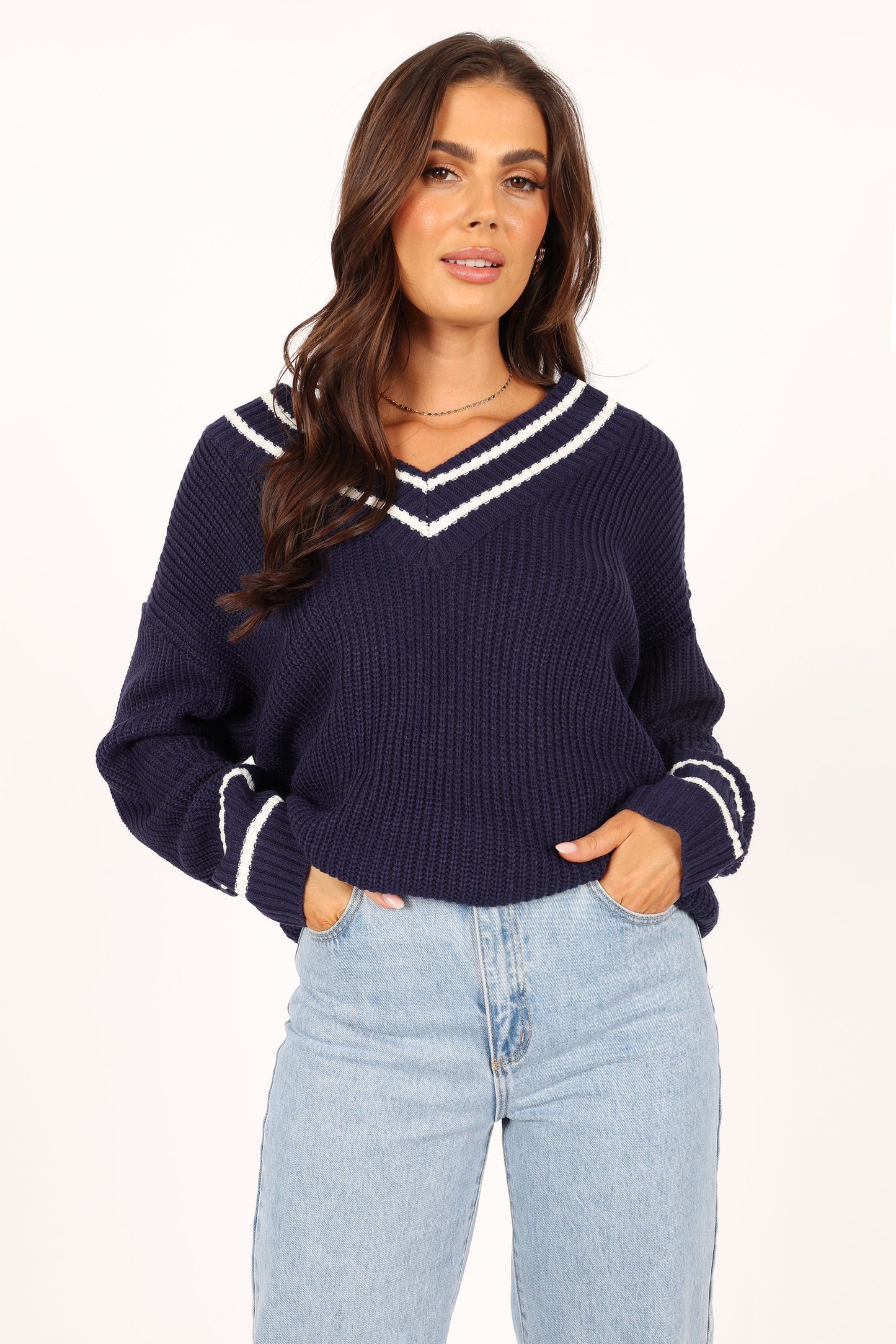 Leanna Vneck Knit Sweater - Navy
