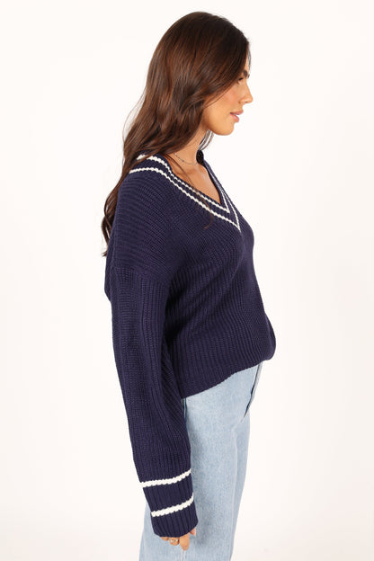 Leanna Vneck Knit Sweater - Navy