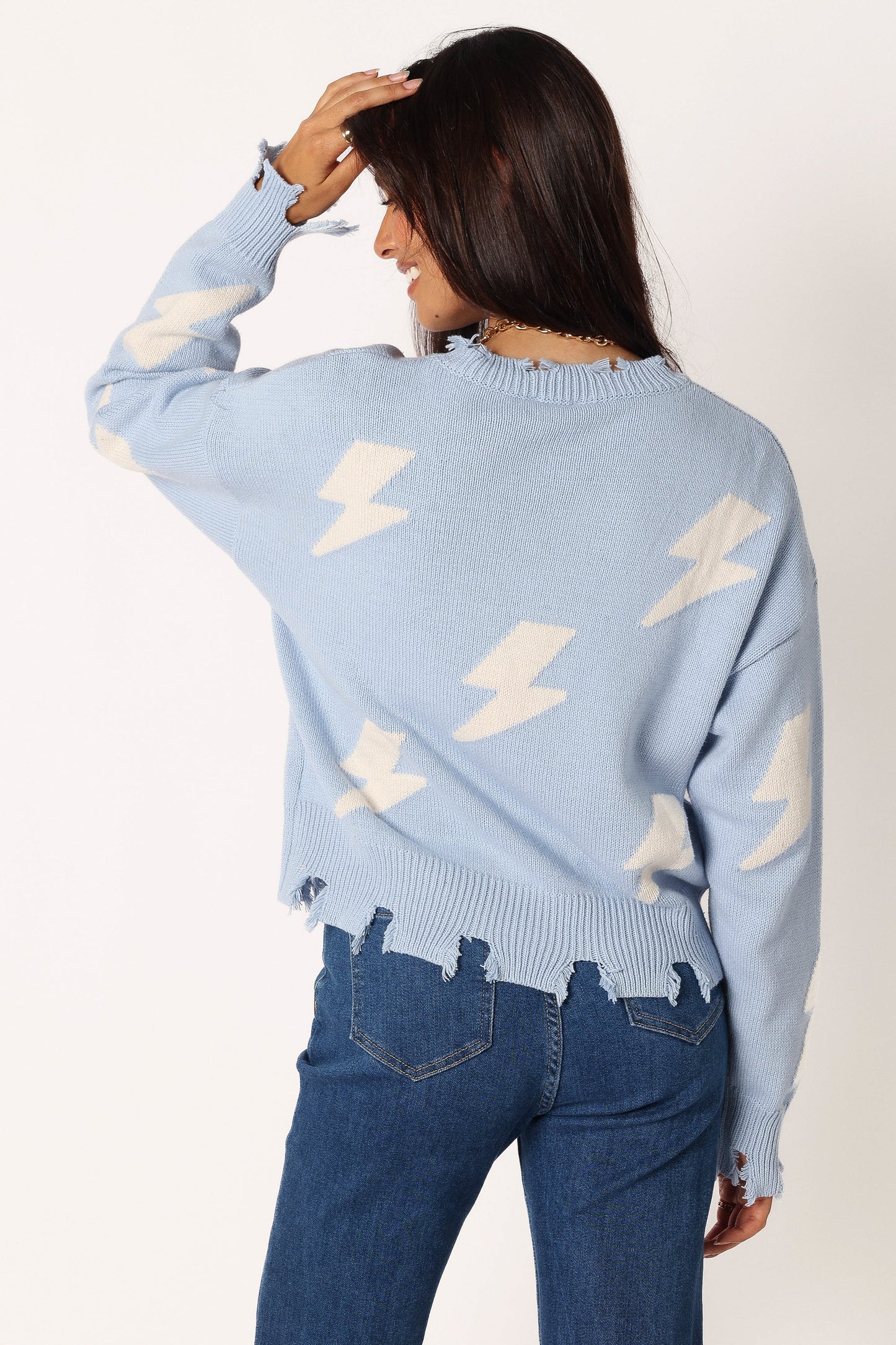Lightning Bolt Printed Fray Detail Knit Sweater - Light Blue