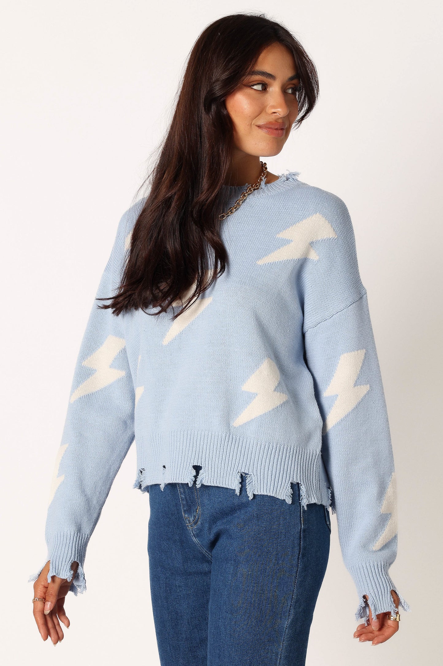 Lightning Bolt Printed Fray Detail Knit Sweater - Light Blue
