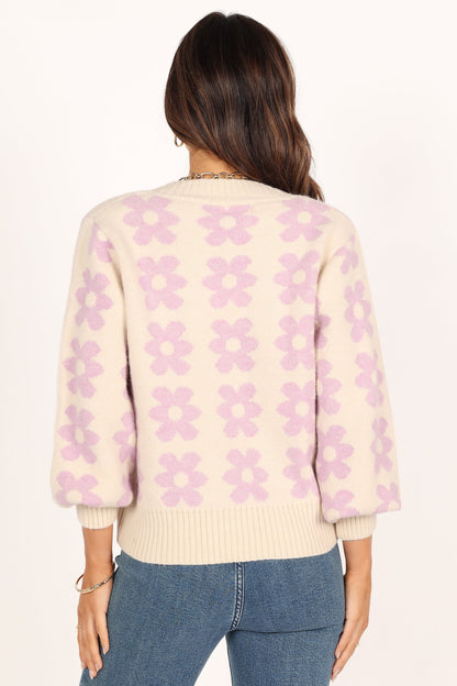 Remi Vneck Flower Knit Sweater - Lilac