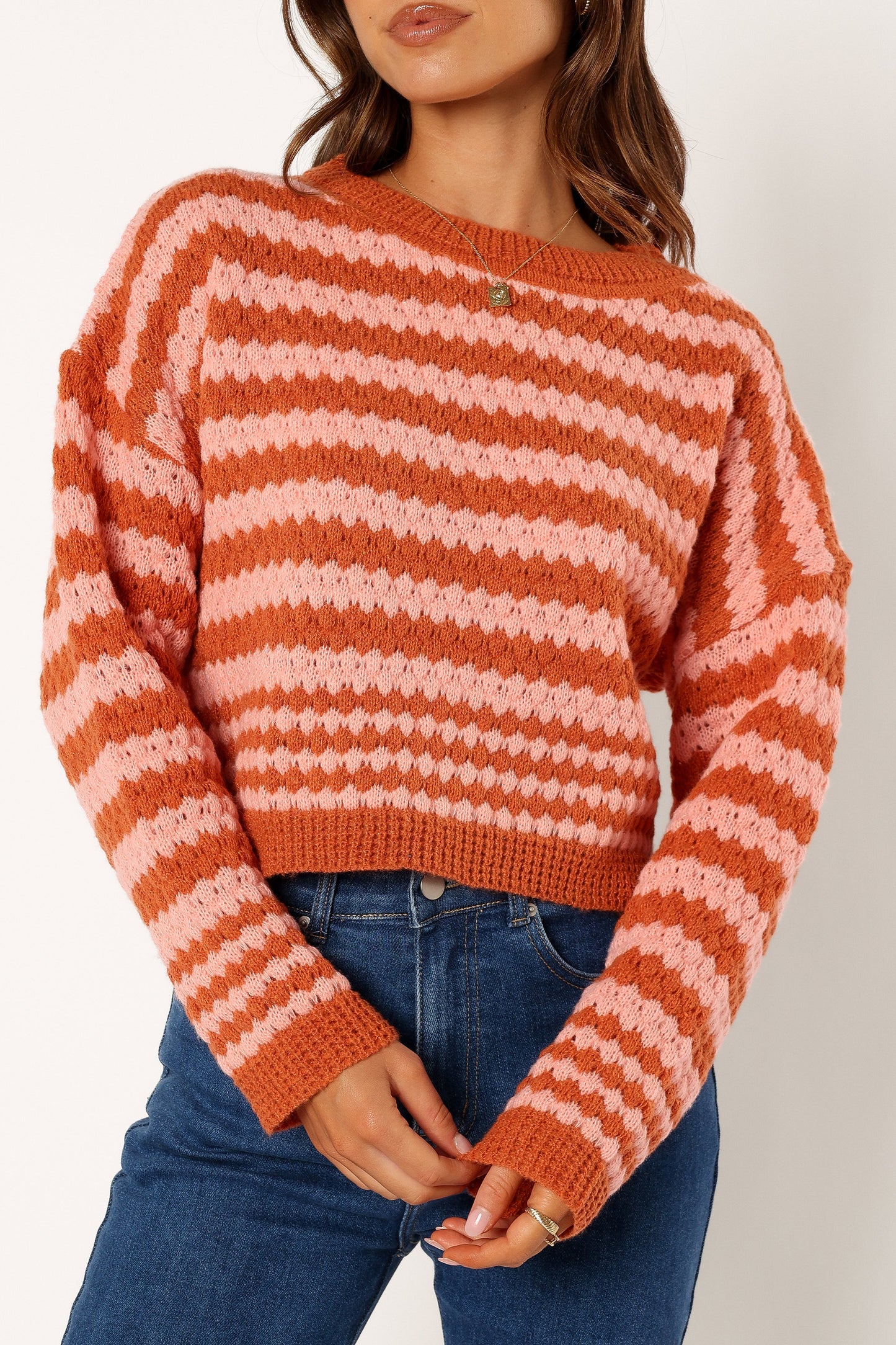 Yasmin Striped Crewneck Knit Sweater - Orange Pink