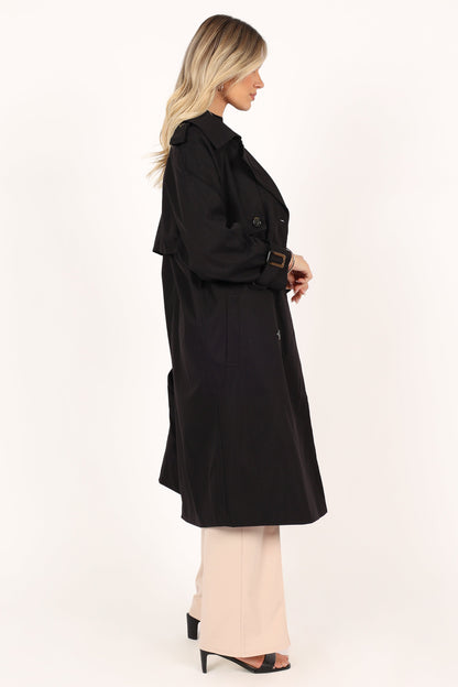 Trina Button Front Trench Coat - Black