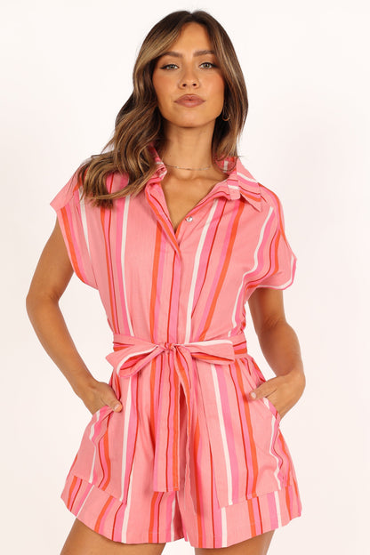 Addie Tie Waist Romper - Pink Stripe