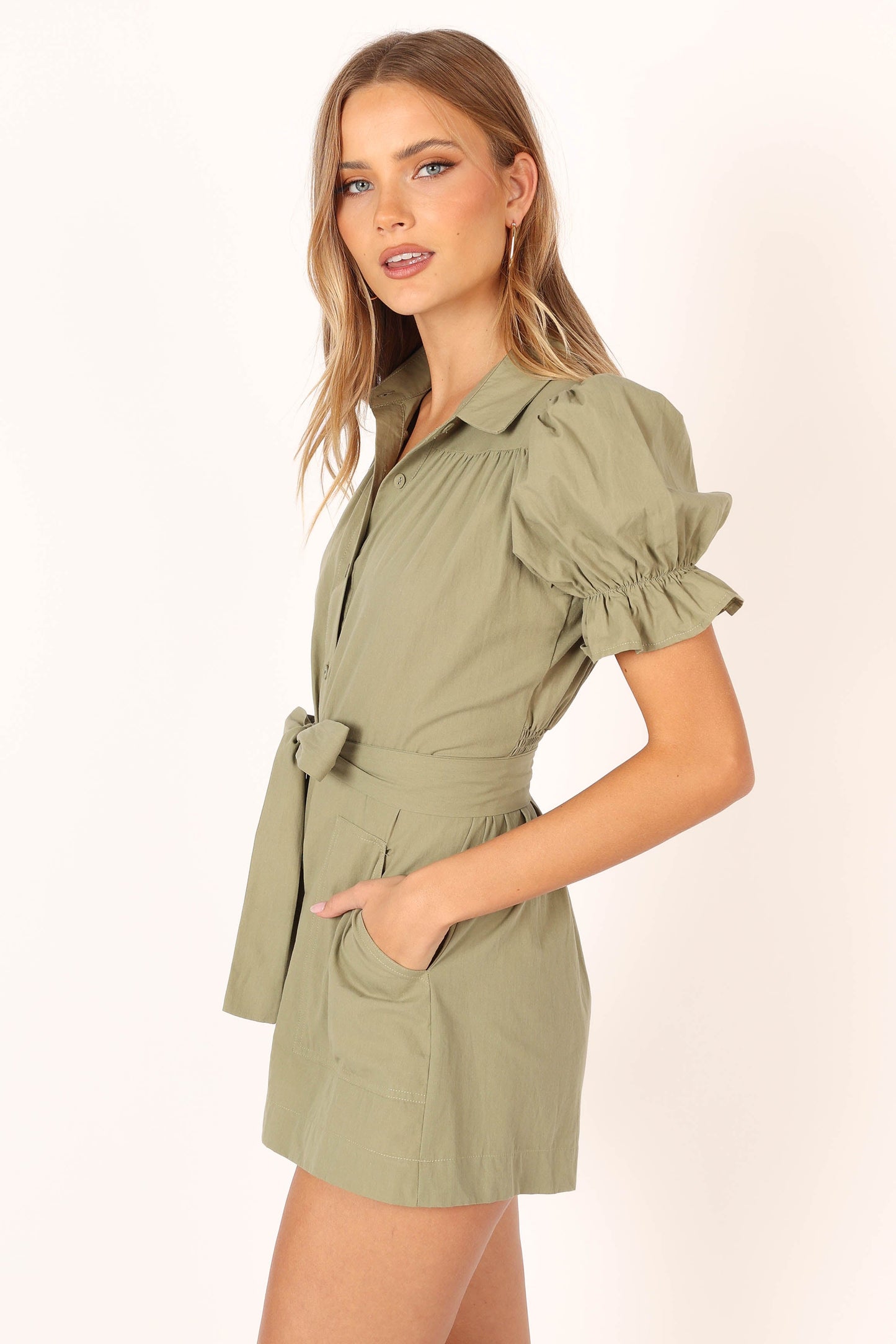 Riley Waist Tie Romper - Olive