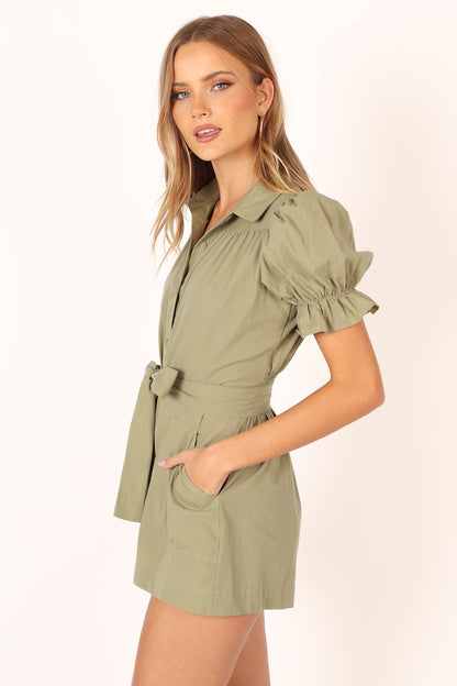 Riley Waist Tie Romper - Olive
