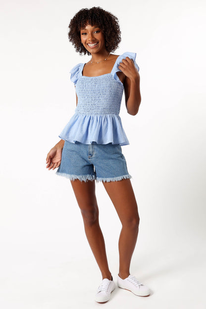 Gabie Ruffle Sleeve Top - Blue