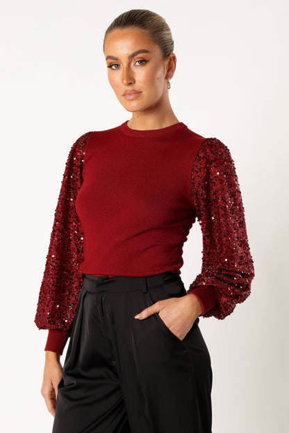 Rowan Sequin Sleeve Top - Burgundy